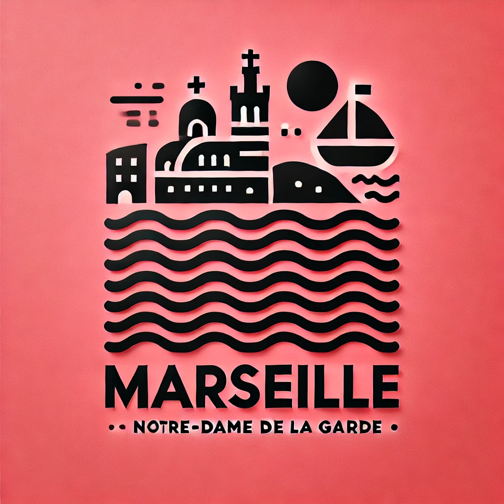DALL·E 2024-12-18 10.21.45 - A minimalist black pictogram representing Marseille, featuring iconic elements such as the Basilica of Notre-Dame de la Garde, stylized waves, and a s